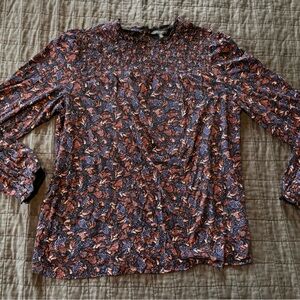 LUCKY BRAND Women’s Navy Blue and Yellow Mini Floral Print Long Sleeve Top Large